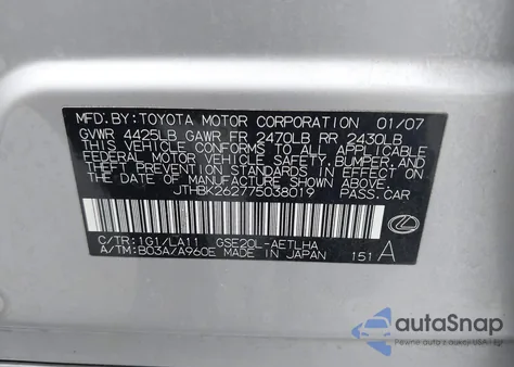 2007 Lexus Is 250 z USA, uszkodzony, nr VIN JTHBK262775038019